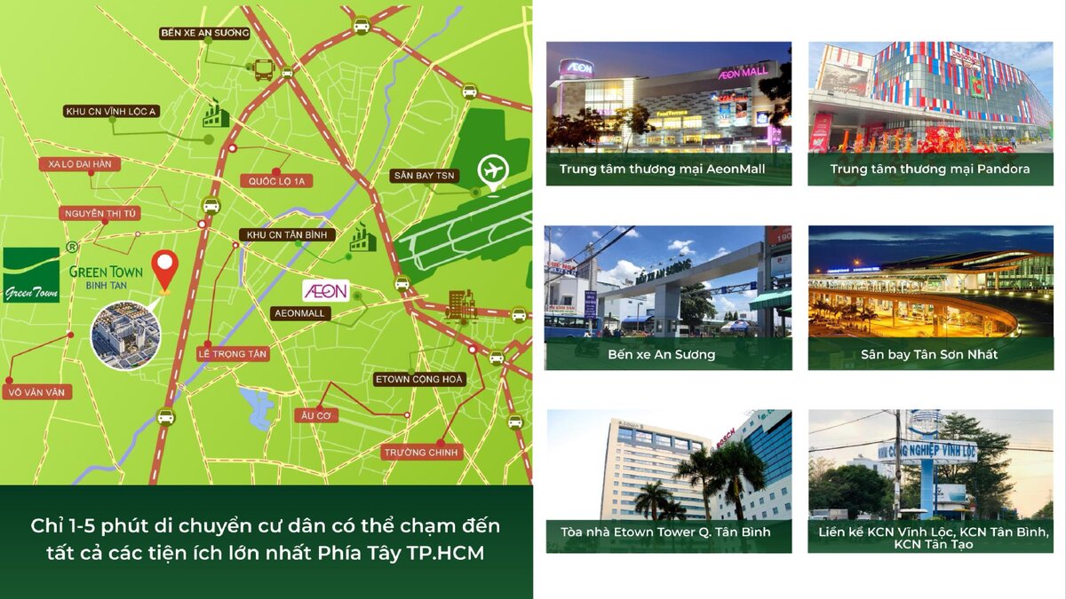 Bản đồ kết nối tiện ích ngoại khu của căn hộ Green Town Bình Tân về AEON Mall, sân bay, các khu công nghiệp