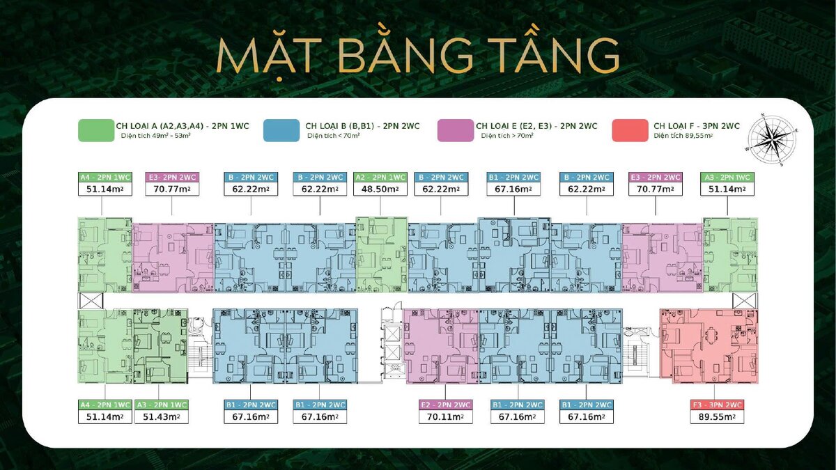 Mặt bằng tầng điển hình tháp SOLENA Green Town Bình Tân với 4 loại căn hộ A, B, E, F