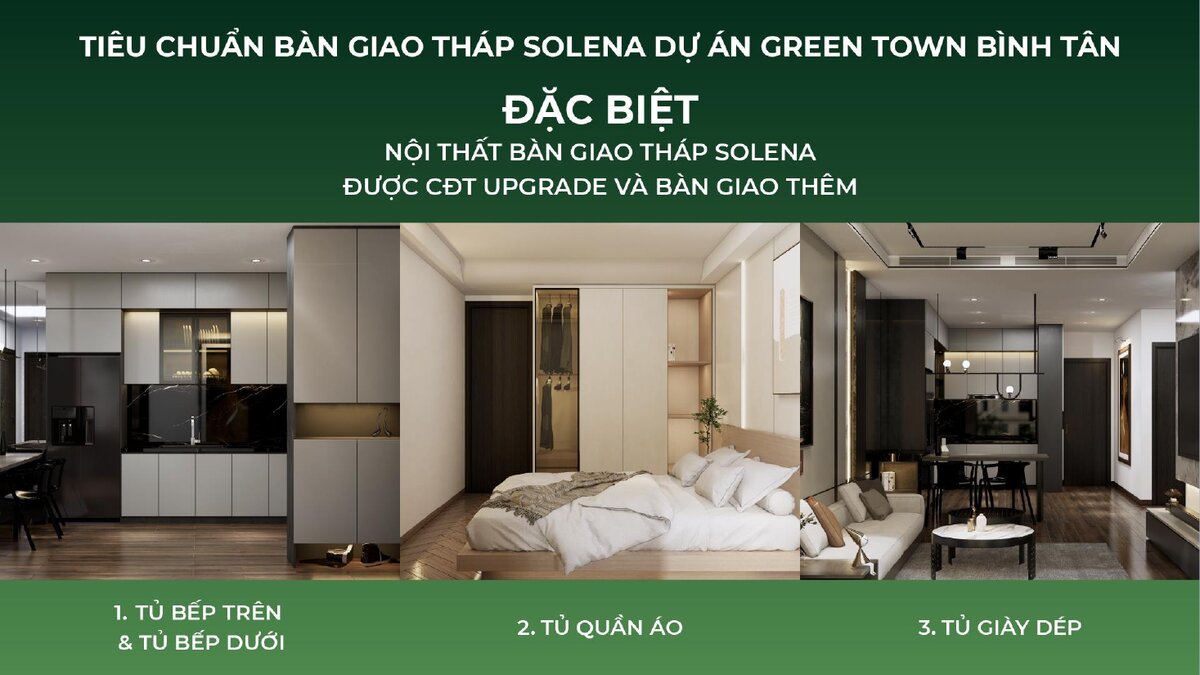 Nội thất bàn giao căn hộ SOLENA Green Town Bình Tân gồm tủ bếp, tủ quần áo, tủ giày