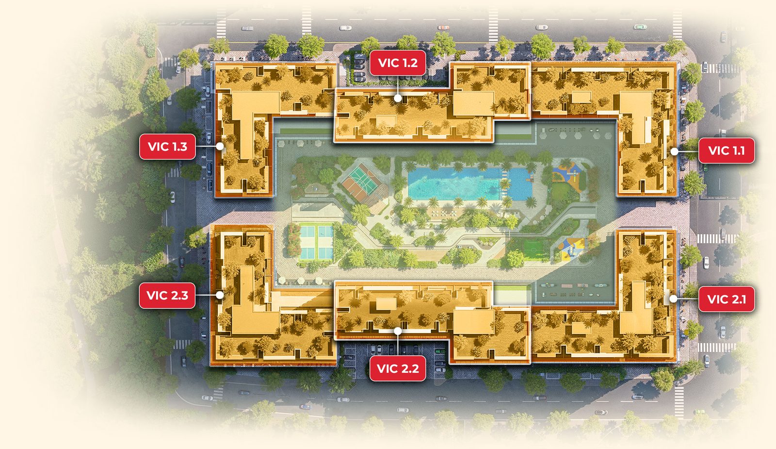 Mặt bằng phân khu Victory Heights dự án The Win City với 6 tòa VIC 1.1 đến VIC 2.3