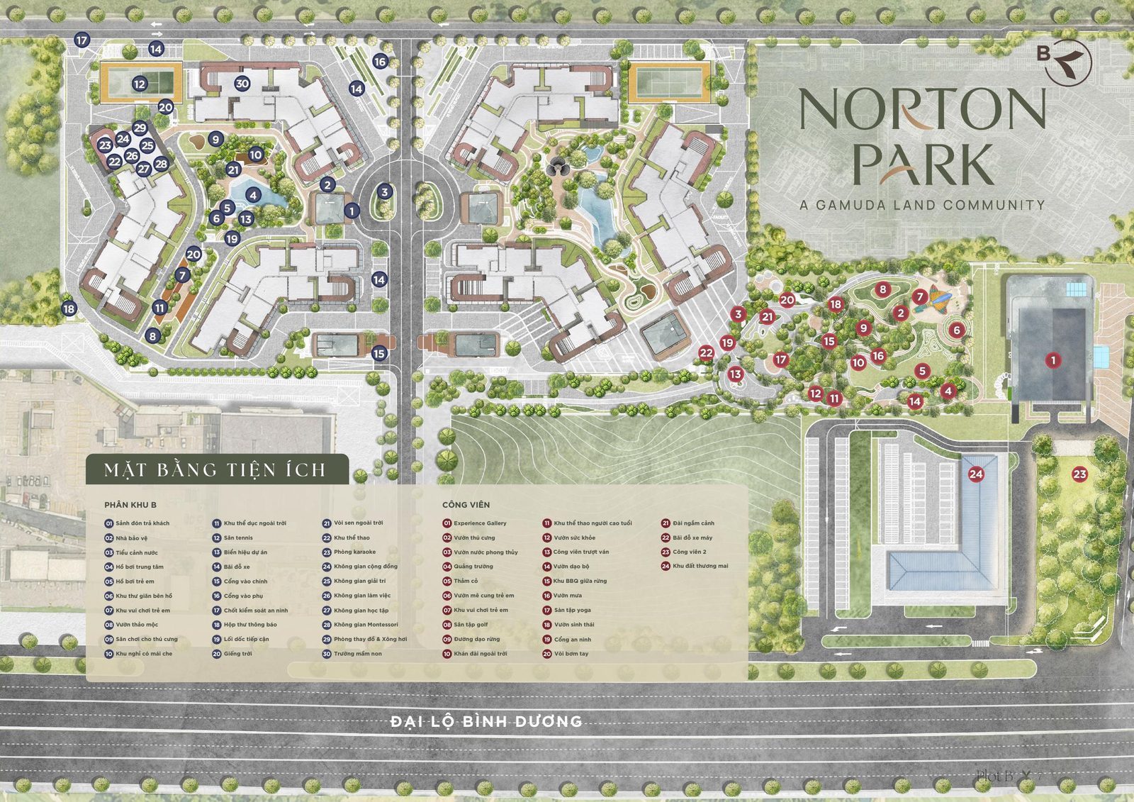 Mặt bằng tiện ích tổng thể Norton Park gồm Phân khu B, Phân khu C và khu công viên