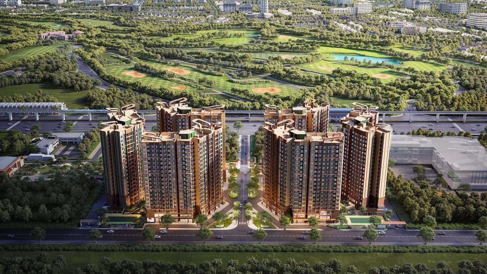 Phối cảnh tổng thể Norton Park với hai cụm tháp căn hộ trên Đại lộ Bình Dương, phường Thuận Giao
